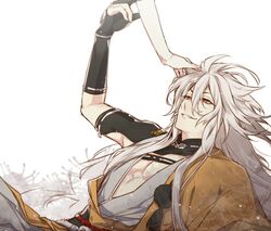  1boy black_gloves fangs gloves icylove japanese_clothes kogitsunemaru male_focus out_of_frame partly_fingerless_gloves red_eyes smile touken_ranbu white_hair 