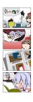  &gt;_&lt; +++ 4girls 4koma ? absurdres anger_vein balancing ball beamed_quavers bird blonde_hair book brown_hair cat chick closed_eyes comic crystal directional_arrow dog flying_sweatdrops flying_teardrops futon gradient gradient_background headwear_removed heart highres imagining kitten konpaku_youmu lavender_hair lunasa_prismriver lying lyrica_prismriver merlin_prismriver multiple_girls music musical_note on_stomach one_leg_raised puffy_short_sleeves puffy_sleeves puppy quaver rakugaki-biyori reading short_sleeves silent_comic singing solid_oval_eyes sparkle spoken_heart spoken_object spoken_question_mark sweatdrop table tears toucan touhou trash_can white_hair yunomi 