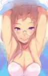  armpits arms_up blush bra breasts brown_hair denizen_tomo glasses large_breasts naughty_face original smile steam sweat underwear violet_eyes 
