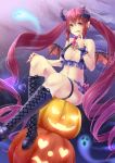  1girl bangs bat_wings black_boots blue_boots blush boots bow bowtie breasts chest_tattoo cleavage clouds commentary curly_hair daidai_jamu demon_girl demon_tail eyebrows eyebrows_visible_through_hair frilled_panties frills ghost halloween halter_top halterneck heart heart_eyes heart_tattoo highres horns jack-o&#039;-lantern licking_lips long_hair looking_at_viewer medium_breasts nail_polish night night_sky original panties pink_bow pink_bowtie pink_eyes pointy_ears pumpkin red_nails redhead sky smile solo succubus tail tattoo tongue tongue_out twintails underwear very_long_hair wings wristband 