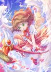  1girl antenna_hair brown_hair card card_captor_sakura cat_princess clow_card fuuin_no_tsue glove_bow gloves green_eyes hat kero kinomoto_sakura magical_girl petals pink_hat short_hair white_gloves wings 