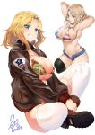  1girl american_flag_bikini armpits arms_behind_head arms_up artist_name bikini blonde_hair blue_eyes blue_shorts bomber_jacket boots breasts brown_boots brown_jacket camouflage camouflage_bikini denim denim_shorts flag_print girls_und_panzer grin jacket kay_(girls_und_panzer) large_breasts long_hair looking_at_viewer micro_bikini military military_uniform mouth_hold multiple_views no_pants open_clothes open_fly open_jacket short_shorts shorts signature simple_background sitting smile solo standing swimsuit thigh-highs unbuttoned uniform uo_denim white_background white_legwear 