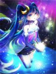  1055 1girl blue_eyes blue_hair constellation crescent crescent_hair_ornament hair_ornament hatsune_miku highres long_hair looking_at_viewer open_mouth ripples skirt snowflake_hair_ornament solo star star_hair_ornament thigh-highs twintails very_long_hair vocaloid wading 