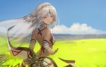  1girl attila_(fate/grand_order) back clouds dark_skin day fate/extella fate/extra fate/grand_order fate_(series) field grass looking_at_viewer looking_back nail_polish nanbo_ataru_(attall) outdoors outstretched_hand parted_lips red_eyes sky smile solo strapless tubetop veil white_hair 
