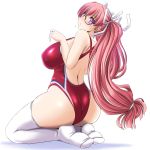  1girl ass blush breasts competition_swimsuit curvy from_behind glasses head_tilt kneeling large_breasts log-mi_(tonpuu) long_hair looking_at_viewer looking_back one-piece_swimsuit original pink_hair ponytail red_swimsuit solo swimsuit thick_thighs thigh-highs tonpuu violet_eyes white_legwear wide_hips 