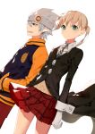 1boy 1girl coat dutch_angle gloves green_eyes hands_in_pockets headband highres letterman_jacket looking_at_viewer maka_albarn necktie plaid plaid_skirt ronopu sharp_teeth silver_hair skirt smile soul_eater soul_eater_(character) teeth twintails white_gloves wind 