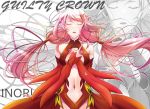  1girl bare_shoulders breasts center_opening character_name cleavage closed_eyes copyright_name cowboy_shot detached_sleeves elbow_gloves fingerless_gloves gloves guilty_crown hair_ornament hairclip hands_on_own_chest long_hair mie_(pome_no_ki) navel open_mouth pink_hair red_eyes solo twintails yuzuriha_inori zoom_layer 