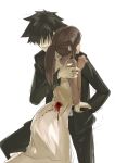  1boy 1girl black_hair blood bloody_clothes brown_hair crying crying_with_eyes_open dress emiya_kiritsugu fate/zero fate_(series) highres holding holding_knife hug kauto knife long_hair ponytail shirley_(fate/zero) short_hair simple_background spiky_hair stabbing tears white_background white_dress 