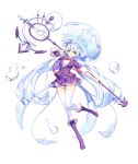  1girl boots bow bubble frilled_skirt frills full_body highres jellyfish long_hair looking_at_viewer original personification ronopu skirt smile solo staff standing standing_on_one_leg thigh-highs very_long_hair violet_eyes white_hair white_legwear zettai_ryouiki 