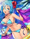  1girl bikini blue_eyes blue_hair bracelet breasts dutch_angle flower hair_down hair_flower hair_ornament hatsune_miku innertube jewelry large_breasts long_hair looking_at_viewer nail_polish navel necklace one_eye_closed open_mouth popsiclebunny solo striped striped_bikini swimsuit vocaloid 