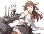  1girl ahoge bare_shoulders brown_hair detached_sleeves double_bun flag funnel hairband headgear kantai_collection kongou_(kantai_collection) long_hair looking_at_viewer machinery nontraditional_miko remodel_(kantai_collection) ribbon simple_background skirt solo thigh-highs tri turret violet_eyes white_background 