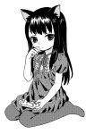  1girl ama-tou animal_ears blush cat_ears controller eyelashes fingernails frills game_controller greyscale hand_on_own_face high_score_girl kemonomimi_mode long_hair looking_to_the_side monochrome neck_ribbon no_shoes oono_akira pantyhose playing_games puffy_short_sleeves puffy_sleeves ribbon seiza shiny shiny_hair short_sleeves simple_background sitting solo tsurime white_background 