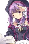  1girl bare_shoulders blush book detached_sleeves fate/grand_order fate_(series) flat_chest hat helena_blavatsky_(fate/grand_order) highres looking_at_viewer nomalandnomal one_eye_closed purple_hair short_hair smile solo violet_eyes 