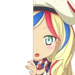  1girl blonde_hair blue_eyes blue_hair blush commandant_teste_(kantai_collection) commentary_request eyebrows eyebrows_visible_through_hair hat kantai_collection long_hair looking_at_viewer multicolored_hair nagineko open_mouth peeking_out redhead solo 