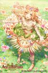  1girl :d age_of_ishtaria blonde_hair curly_hair detached_collar dress flower frills from_above gloves green_eyes hair_flower hair_ornament kikugetsu looking_at_viewer official_art open_mouth outdoors outstretched_arms plant primavera_(age_of_ishtaria) smile solo standing star star-shaped_pupils symbol-shaped_pupils vines wreath 