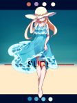  1girl aqua_eyes bare_arms bare_legs barefoot blonde_hair blue_background blue_dress blue_eyes closed_mouth color_guide dawn_church dress flat_chest food frilled_dress frills gradient gradient_background hand_on_headwear hat hat_over_one_eye letterboxed long_hair looking_at_viewer one_eye_covered original outside_border see-through_silhouette sleeveless sleeveless_dress solo standing sun_hat sundress thigh_gap waves 
