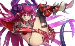 1girl armor bikini_armor cape dragon_tail elizabeth_bathory_(brave)_(fate) fate/grand_order fate_(series) gauntlets horns lancer_(fate/extra_ccc) nanbo_ataru_(attall) pauldrons pink_hair pointy_ears smile solo tail tiara white_background 