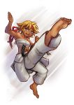  barefoot blonde_hair blue_eyes blush dark_skin dougi feet fighting_stance headband kicking martial_arts maxa&#039; sarashi soles tild_-_mage_a_louer tild_framith toes 