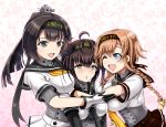  3girls :d ;d ahoge akizuki_(kantai_collection) black_hair blush braid breasts brown_hair girl_sandwich gloves grey_eyes hachimaki hair_flaps hatsuzuki_(kantai_collection) headband hug kantai_collection long_hair looking_at_viewer multiple_girls one_eye_closed open_mouth pleated_skirt sandwiched school_uniform serafuku short_hair silver_hair skirt smile sparkle teruzuki_(kantai_collection) tk8d32 twin_braids white_gloves 