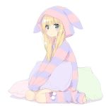  1girl :&lt; animal_hood aqua_eyes bangs blonde_hair blush closed_mouth commentary_request eyebrows eyebrows_visible_through_hair female full_body holding holding_pillow hood hoodie leg_warmers long_hair looking_at_viewer original pajamas peko pillow shimotsuki_potofu simple_background sitting sleeves_past_wrists socks solo striped striped_hoodie striped_legwear toeless_socks wariza white_background zipper 
