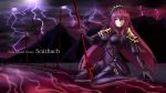  1girl artist_request bodysuit breasts character_name copyright_name fate/grand_order fate_(series) gae_bolg highres lightning long_hair looking_at_viewer mountain pauldrons polearm purple_hair red_eyes scathach_(fate/grand_order) shore solo spear veil weapon 