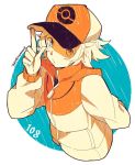  1boy adjusting_clothes adjusting_hat aoya_(ayoyame18) arm_behind_back baseball_cap circle flipped_hair hat leaning_forward looking_at_viewer male_focus monochrome pokemon pokemon_(game) pokemon_bw shaded_face solo touya_(pokemon) twitter_username upper_body zipper zipper_pull_tab 