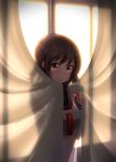  1girl backlighting bangs blush brown_eyes brown_hair closed_mouth commentary_request curtains grabbing hiding holding indoors long_hair looking_at_viewer nekobaka original school_uniform see-through shirt shy silhouette solo transparent upper_body white_shirt window 