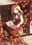  1girl animal autumn autumn_leaves bangs black_ribbon blonde_hair blue_eyes blurry blush book bookshelf breasts brick_wall chair cushion depth_of_field dress dutch_angle eyebrows eyebrows_visible_through_hair eyelashes falling_leaves from_outside highres holding holding_book lace_trim leaf letter long_hair long_sleeves looking_at_viewer maple_leaf original parted_lips pillow red_dress ribbon shirt signature sitting small_breasts sura_(mana0703) surprised tree_shade white_shirt window 