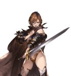  1girl apollonia_vaar armor blue_eyes brown_hair cape gauntlets granblue_fantasy holding holding_weapon leotard minaba_hideo open_mouth short_hair simple_background solo sword thigh-highs torn_clothes transparent_background weapon 
