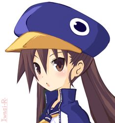  1girl :o artist_name blue_hat blue_jacket blush brown_eyes brown_hair disgaea hat iwasi-r jacket kazamatsuri_fuuka long_hair looking_at_viewer makai_senki_disgaea_4 neckerchief prinny solo twintails upper_body white_background 