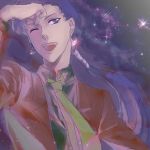  :d androgynous bishoujo_senshi_sailor_moon black_hair crescent crescent_earrings earrings formal hikaru_(asteriskring) jewelry low_ponytail lowres necktie night night_sky one_eye_closed open_mouth ponytail seiya_kou sky smile solo star_(sky) upper_body 