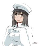  1girl 2016 4suke :d akitsu_maru_(kantai_collection) alternate_eye_color alternate_skin_color artist_name blush brown_eyes dated gloves hat interlocked_fingers kantai_collection long_sleeves military military_uniform open_mouth peaked_cap remodel_(kantai_collection) short_hair simple_background smile solo uniform upper_body white_background white_gloves white_hat 