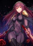  1girl bodysuit breasts fate/grand_order fate_(series) flower gae_bolg long_hair looking_at_viewer pauldrons polearm purple_hair red_eyes rose scathach_(fate/grand_order) solo spear veil weapon zhanzheng_zi 