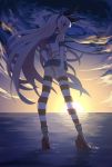  1girl ass black_panties crop_top elbow_gloves from_behind full_body gloves high_heels highleg highleg_panties highres horizon kantai_collection long_hair miniskirt ocean outdoors panties pimgier school_uniform serafuku shimakaze_(kantai_collection) skirt sky solo striped striped_legwear sunset thigh-highs underwear very_long_hair white_gloves 