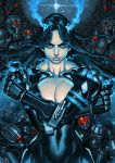  1girl black_bodysuit black_hair blue_eyes bodysuit breasts cleavage closed_mouth collarbone covered_navel cowboy_shot cyborg eyelashes eyeliner hands_up highres jun_sung_kwak large_breasts long_hair looking_at_viewer makeup mechanical_arm nose original pink_lips robot serious shoulder_pads solo 