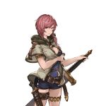  1girl belt boremia brown_eyes dagger granblue_fantasy hood hooded_jacket jacket leotard long_hair looking_at_viewer minaba_hideo redhead shorts simple_background solo sword thigh_strap transparent_background weapon 