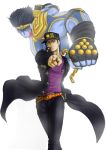  1boy absurdres bekio black_hair blue_eyes chains gakuran hand_in_pocket hat highres jojo_no_kimyou_na_bouken kuujou_joutarou male_focus pointing pointing_at_viewer school_uniform shiny stand_(jojo) star_platinum 