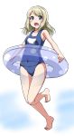  1girl :d ayase_arisa barefoot blonde_hair blue_eyes erect_nipples eyebrows eyebrows_visible_through_hair full_body hair_ornament hairclip highres innertube looking_at_viewer love_live! love_live!_school_idol_project name_tag navel old_school_swimsuit one-piece_swimsuit open_mouth school_swimsuit short_hair smile solo standing standing_on_one_leg swimsuit tight yopparai_oni 