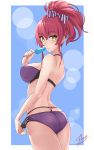  1girl adjusting_clothes adjusting_swimsuit aori_sora ass bikini bow breasts cleavage food from_behind hair_bow highres idolmaster idolmaster_cinderella_girls jougasaki_mika lens_flare long_hair looking_at_viewer looking_back parted_lips pink_hair ponytail popsicle purple_bikini purple_bow sideboob signature solo striped striped_bow swimsuit yellow_eyes 