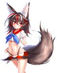  1girl adapted_costume animal_ears black_hair black_panties blue_bow blue_bowtie bow bowtie closed_mouth collared_shirt crop_top ehart fox_ears fox_tail groin hand_up highleg highleg_panties horns kemonomimi_mode kijin_seija long_sleeves looking_at_viewer midriff multicolored_hair navel panties puffy_short_sleeves puffy_sleeves red_eyes redhead shirt short_hair short_sleeves simple_background skirt solo standing streaked_hair string_panties string_pull tail touhou underwear whale_tail white_background white_hair white_shirt 