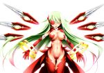  1girl breasts cleavage colored_eyelashes cowboy_shot ear_piercing elbow_gloves gloves green_hair groin highres jewelry kore_(korewa13th) large_breasts long_hair navel one_eye_covered open_mouth original piercing single_earring smile solo stomach yellow_eyes 