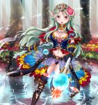 1girl belt black_gloves breasts chino_ukana cleavage crystal dated elf forest gloves green_hair long_hair midriff nature original pointy_ears solo staff standing standing_on_one_leg tree violet_eyes water 