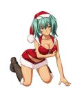  1girl boots breasts cleavage collarbone green_eyes green_hair hat highres ikkitousen kneeling large_breasts looking_at_viewer matching_hair/eyes navel red_hat ryofu_housen santa_costume santa_hat shiny shiny_skin simple_background smile solo white_background 