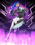  1girl alternate_costume asymmetrical_hair blue_hair bodysuit cyberspace_sombra highres looking_at_viewer multicolored_hair overwatch solo sombra_(overwatch) sunkilow two-tone_hair 