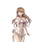  1girl bare_shoulders brown_hair collar detached_sleeves dress granblue_fantasy grey_eyes jewelry juliet_(granblue_fantasy) long_hair looking_away minaba_hideo open_mouth short_sleeves simple_background smile solo transparent_background white_dress 