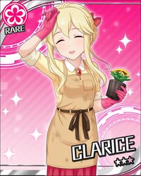  arms_up blonde_hair blush character_name clarice_(idolmaster) closed_eyes dress idolmaster idolmaster_cinderella_girls long_hair odango smile stars 