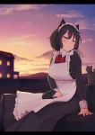  1girl absurdres animal_ears apron arapi bangs black_dress black_hair blush bob_cut bow bowtie breasts cat cat_ears cat_on_lap clouds collared_shirt commentary dress frilled_apron frills frown highres house large_breasts letterboxed looking_away maid original outdoors red_bow red_bowtie shirt sitting sky solo sunset yellow_eyes 