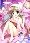  1girl :d absurdres animal_hood barefoot blue_eyes blush book breasts brown_hair bunny_hood cleavage collarbone corona_timir feet floral_print frilled_pillow frills fujima_takuya golem highres hood lamp long_hair looking_at_viewer lyrical_nanoha mahou_shoujo_lyrical_nanoha_vivid official_art on_bed open_mouth panties pillow pink_panties ribbon shiny shiny_hair shiny_skin short_sleeves sitting skindentation small_breasts smile solo striped sweater toes twintails underwear vertical-striped_panties vertical_stripes window windowsill 