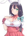  1girl ;) bare_shoulders black_hair blue_bow blush bow breasts choker cleavage closed_mouth cosplay di_gi_charat dress green_eyes hair_between_eyes hair_bow hair_over_shoulder hasu_(hk_works) heart large_breasts long_hair looking_at_viewer low_ponytail one_eye_closed pink_ribbon purple_ribbon ribbon ribbon_choker smile solo tougou_mimori underbust upper_body usada_hikaru usada_hikaru_(cosplay) white_background wrist_ribbon yuuki_yuuna_wa_yuusha_de_aru yuusha_de_aru 