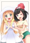  2girls black_hair blonde_hair braid female_protagonist_(pokemon_sm) green_eyes hat highres lillie_(pokemon) long_hair multiple_girls one_eye_closed open_mouth pokemon pokemon_(game) pokemon_sm sun_hat yuihiko 